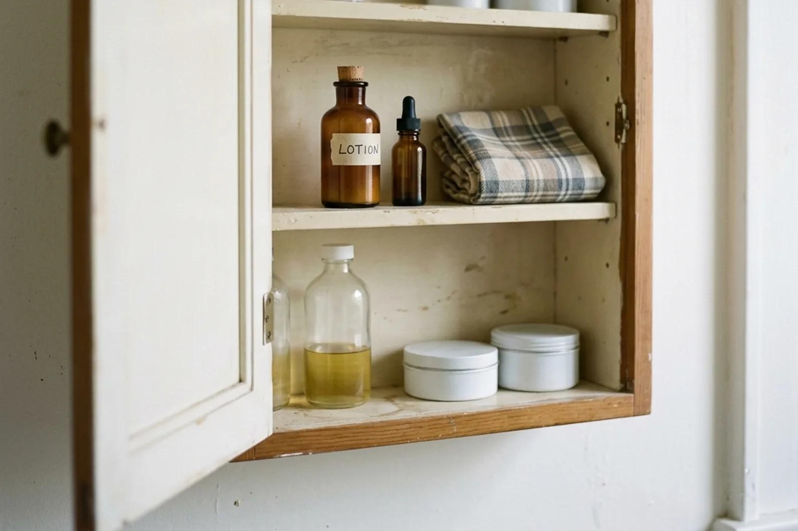 An open wooden medicine cabinet showing glass bottles, small containers and a folded towel.